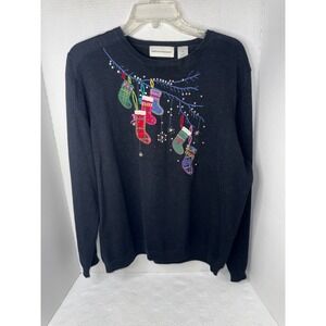 Alfred Dunner Womens XL Black Christmas Stocking Embroidered Sequin Sweater